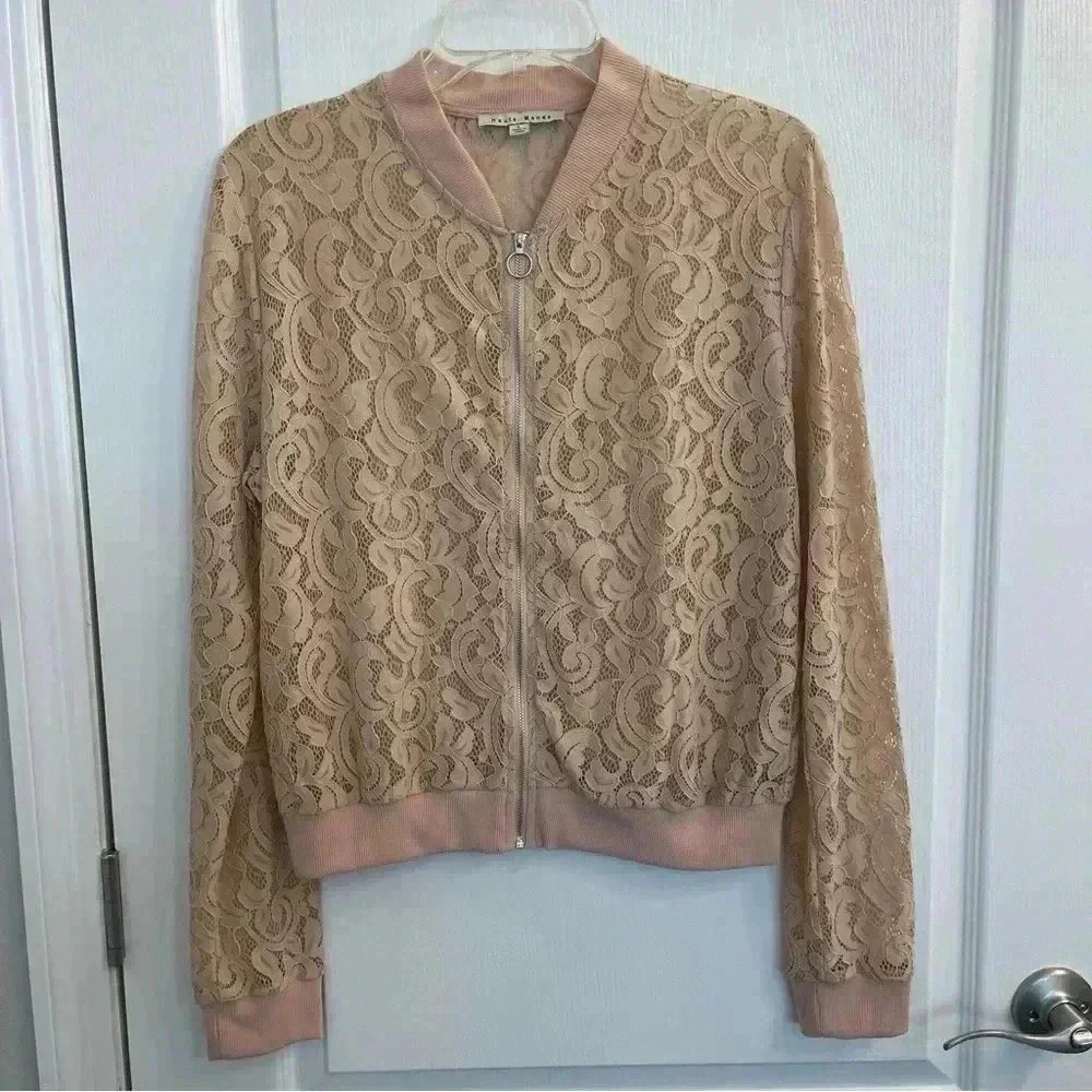 Sheer Floral Lace Long Sleeve Jacket by Haute Monde
(Light Pink/Peach Color)